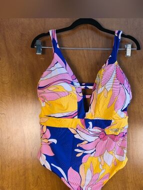 TRINA TURK Multicolor Breeze 1 Pc Plunge Swimsuit Sz 14 NWT